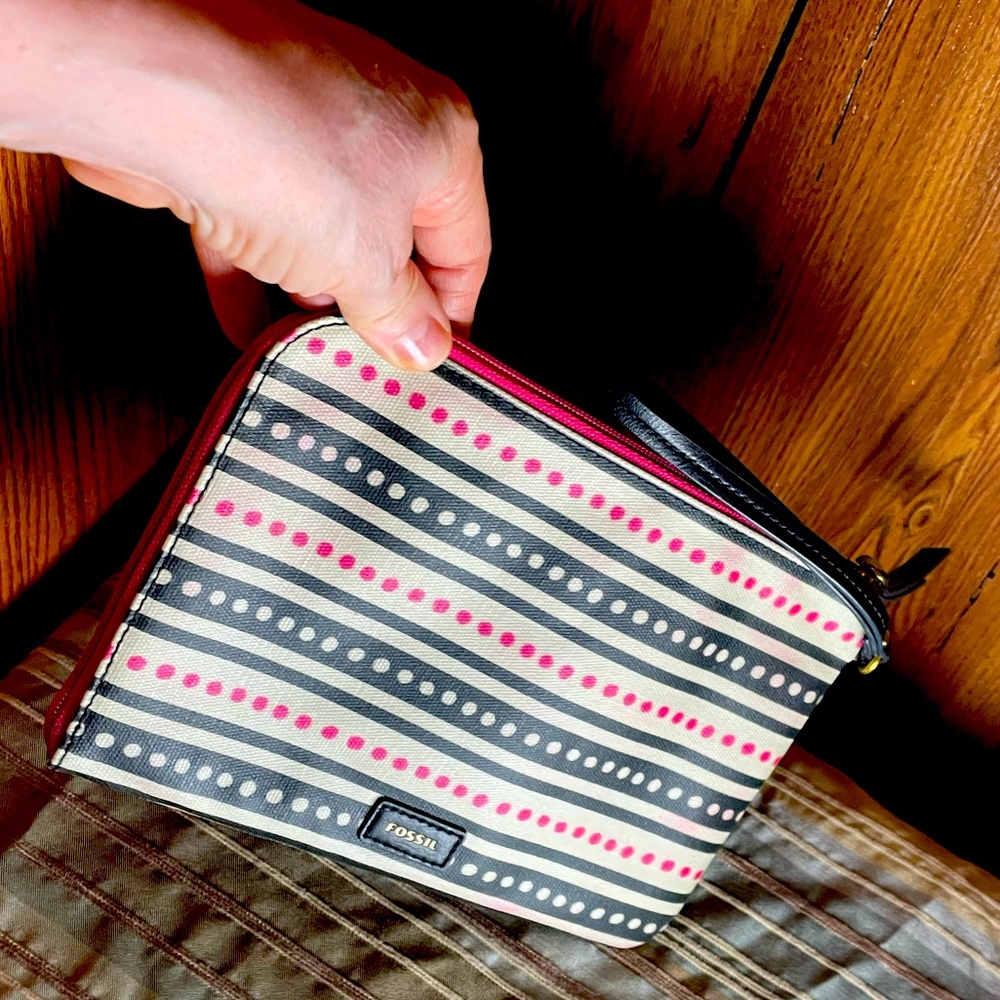 Fossil’s Zip Over Corner Coated Canvas Wristlet; Pink, Black & White